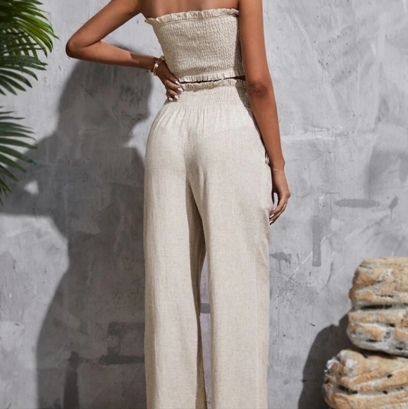 SHEIN Tall Shirred Drawstring Front Crop Tube Top & Wide Leg Pants - Picture 2 of 4